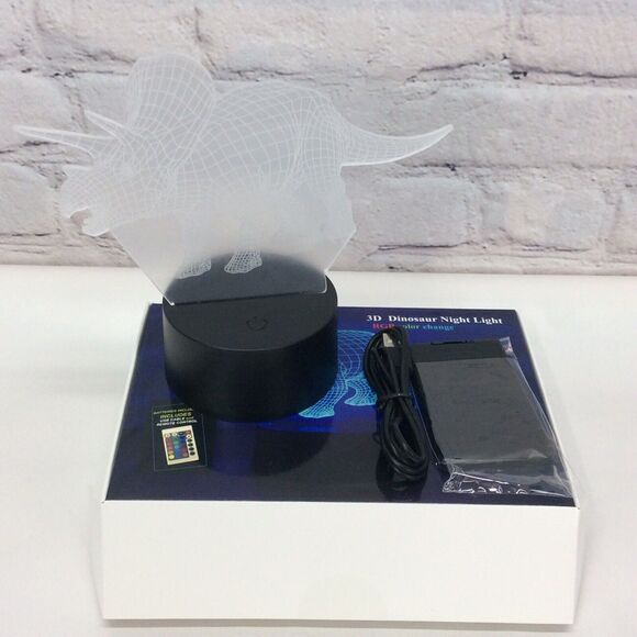 Dinosaur Night Light 3D Illusion Triceratops 7 Changing Colors Lamp w/Black Base - Picture 2 of 7